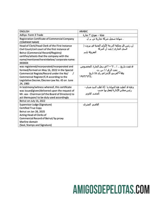 Certificado de registro do Líbano para download, modelo Word e PDF